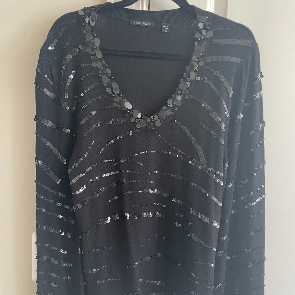 Venini Nights Black Knit Long Sleeve Sweater w Sequins V-Neck - SZ L